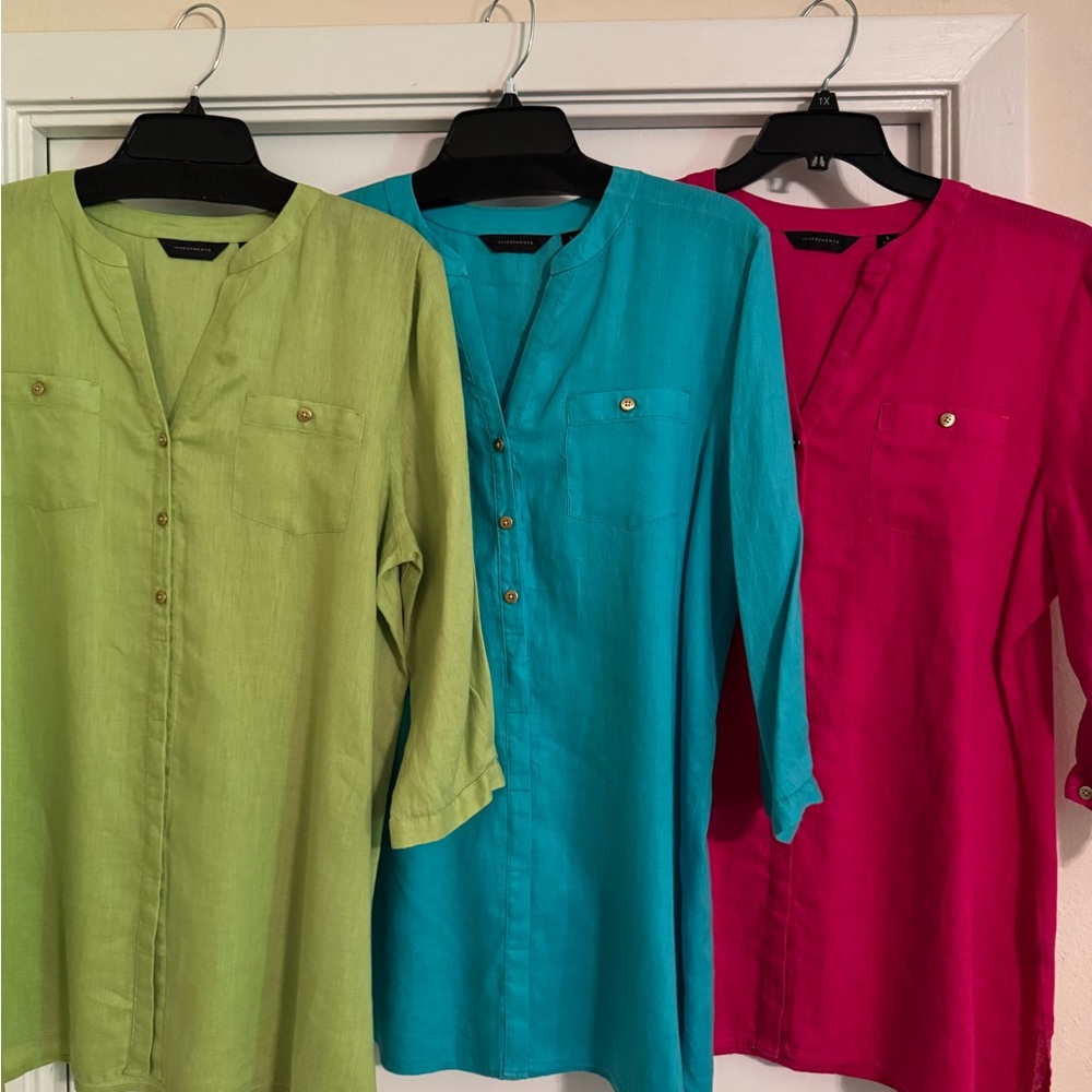 Investments Green, Pink, or Blue 3/4 Sleeve Buttoned Linen Tunic